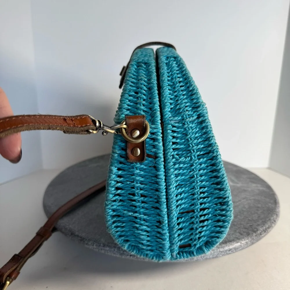 Patricia Nash Bonella Crossbody Wicker Blue Purse Bag Leather Strap